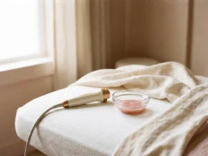 Medisch radiofrequentie-handstuk op witte behandeltafel naast glazen kom met luxe huidverzorgingsserum, warm klinische sfeer.