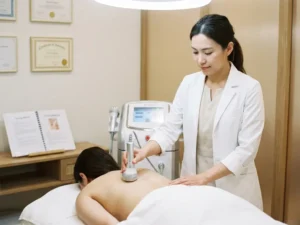 Estheticus in witte klinische jas behandelt huid met radiofrekwentie-apparaat, medisch certificaten en trainingshandleiding op de achtergrond.