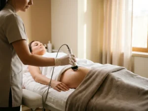 Estheticienne behandelt dijbeen van cliënt met radiofrequentie apparaat op klinisch behandelbed, warme neutrale sfeer.