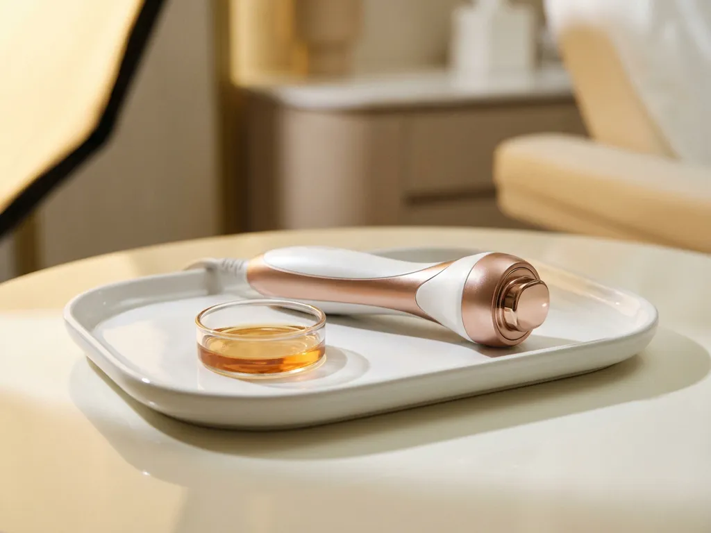 Radiofrequentie behandelhandstuk op wit klinisch dienblad naast een schaaltje serum, warm ivoor en rosé goud kleurenpalet.