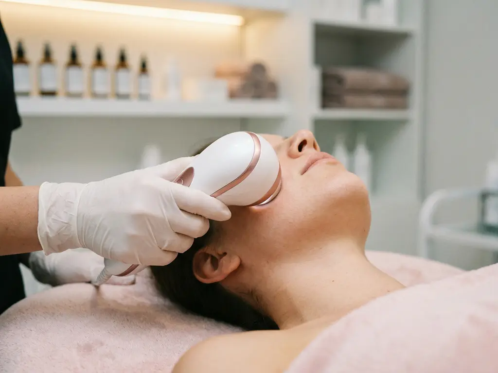 Estheticienne gebruikt radiofrequentie-apparaat op huid tijdens professionele huidverzorgingsbehandeling in klinische omgeving.