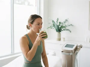 Vrouw in sportkleding drinkt groene smoothie naast een klinisch radiofrequentie-apparaat op een witte behandeltafel met eucalyptus.