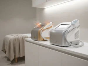 Twee medische esthetische apparaten op een witte klinische ondergrond, één met radiofrequentie-energie en één met ultrasound-applicator, behandelbed op achtergrond.