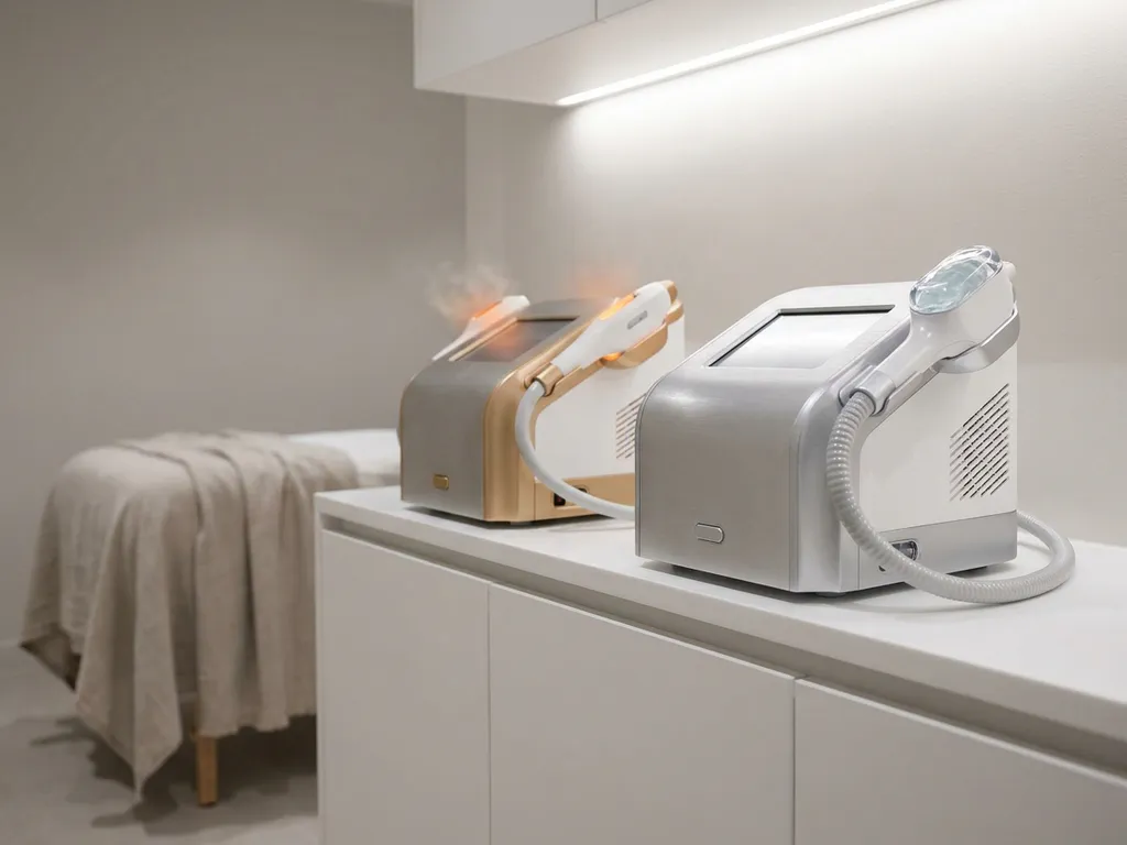 Twee medische esthetische apparaten op een witte klinische ondergrond, één met radiofrequentie-energie en één met ultrasound-applicator, behandelbed op achtergrond.