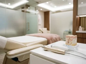Radiofrequentie-handstuk en ultrasoonprobe op witte behandeltafel naast anatomisch huidmodel in esthetische kliniek.