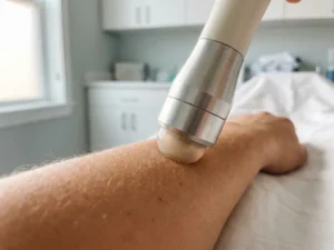 Medische radiofrequentie handstuk op een licht getextureerde huid, zachte klinische verlichting, huidverjonging behandeling.