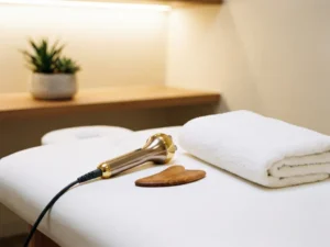 Radiofrequentie-handstuk en houten massagetool op witte behandeltafel met gevouwen handdoek en groene plant.