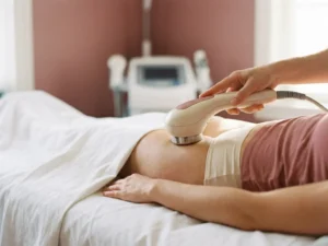 Radiofrequentie-apparaat op de bovenbeen van een vrouw tijdens een huidverstrakking behandeling, witte behandeltafel op de achtergrond.