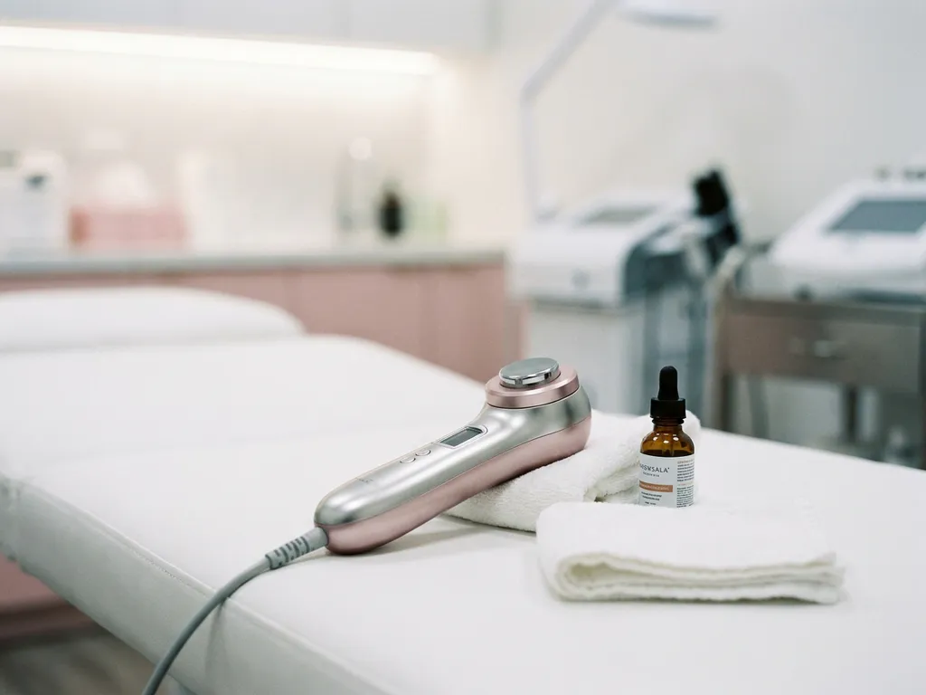 Handheld radiofrequentie-apparaat op witte behandeltafel met gevouwen handdoek en amber glazen flesje.