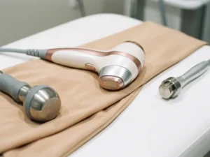 Medisch-esthetisch handstuk met shockwave-applicator en radiofrequentietip op witte behandeltafel, pearl white en rosé gouden tinten.