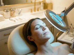 Vrouw ondergaat blauwlichttherapie met professioneel apparaat in klinische behandelstoel, rustige azuurblauwe gloed op bare huid.