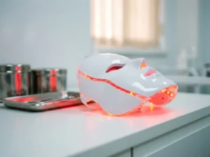 Infrarood gezichtsmasker met rood en nabij-infrarood licht op wit klinisch oppervlak, warme crimson gloed, premium studio-esthetiek.
