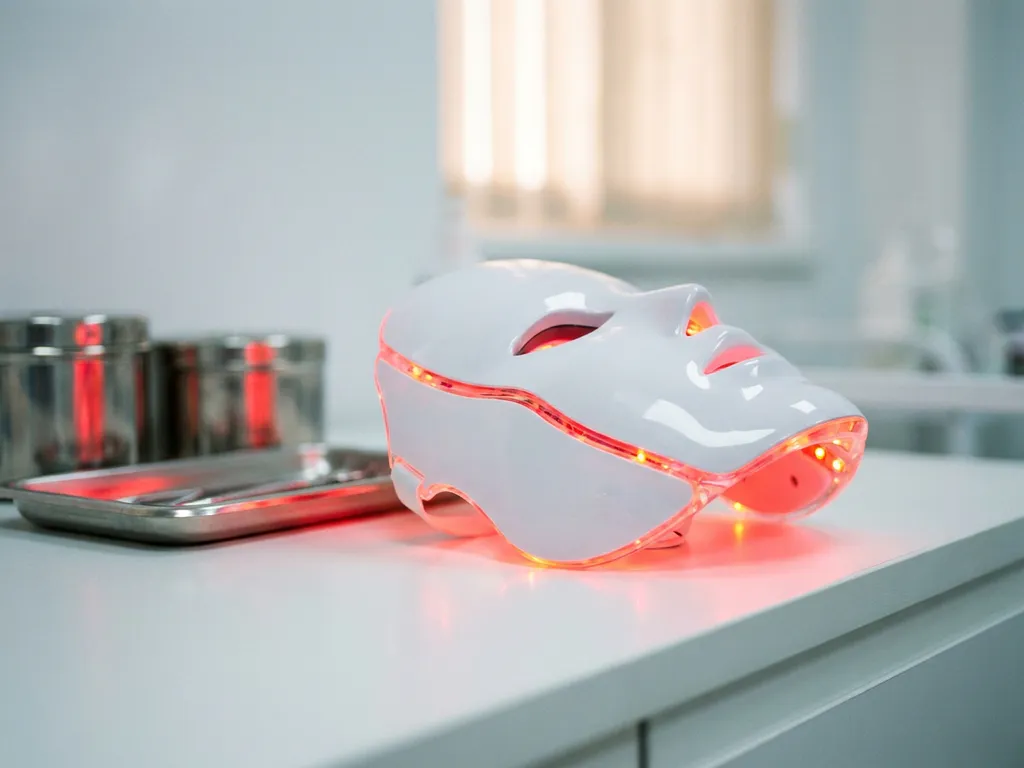 Infrarood gezichtsmasker met rood en nabij-infrarood licht op wit klinisch oppervlak, warme crimson gloed, premium studio-esthetiek.