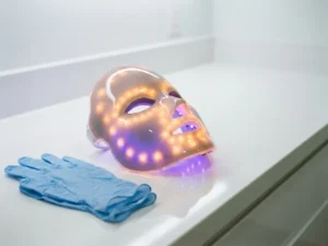 LED-gezichtsmasker met amber en violet licht op wit klinisch oppervlak, met steriele medische handschoenen ernaast.