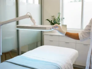 Witte handschoen die een medisch LED-lichttherapiepaneel instelt boven een behandelbed in een moderne kliniek.
