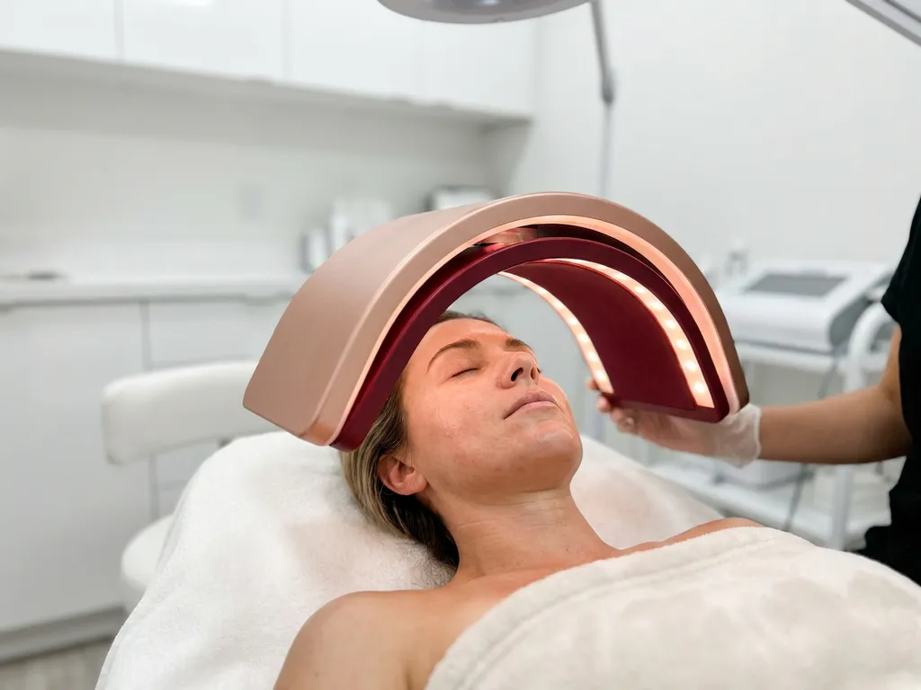 Vrouw ondergaat LED-lichttherapie op haar gezicht met rozegouden en rode lichtpanelen in een minimalistische witte kliniek.