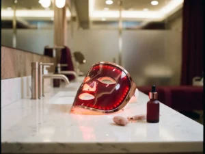 LED-lichttherapiemasker met rood en nabij-infrarood licht op wit klinisch oppervlak, omringd door huidverzorgingstools.