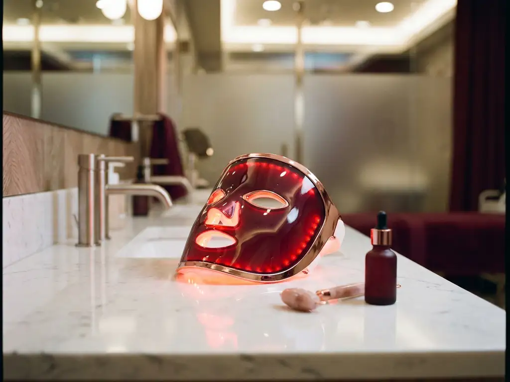 LED-lichttherapiemasker met rood en nabij-infrarood licht op wit klinisch oppervlak, omringd door huidverzorgingstools.