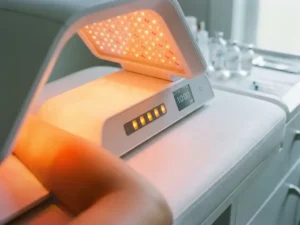 Professioneel lichttherapie-apparaat dat zachte amber en rode golflengten uitstraalt op gezonde, heldere huid.