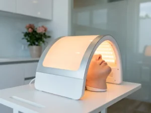 Professioneel lichttherapie-apparaat met warm amber gloed gericht op gezonde huid, op wit klinisch oppervlak.