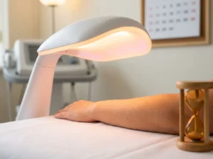 Medisch lichttherapieapparaat met warme amber gloed gericht op een onderarm, naast een zandloper op wit klinisch oppervlak.