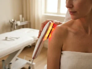 Professioneel lichttherapie-apparaat met amber en rood licht gericht op een blote schouder van een vrouw in een klinische omgeving.