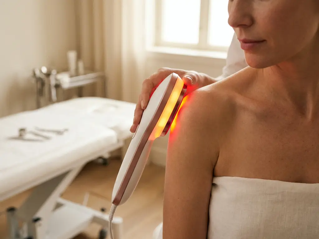 Professioneel lichttherapie-apparaat met amber en rood licht gericht op een blote schouder van een vrouw in een klinische omgeving.