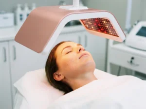 Vrouw ondergaat rood-lichttherapie met LED-paneel dat warm roosgoud en diepood licht uitstraalt op een behandelbed.