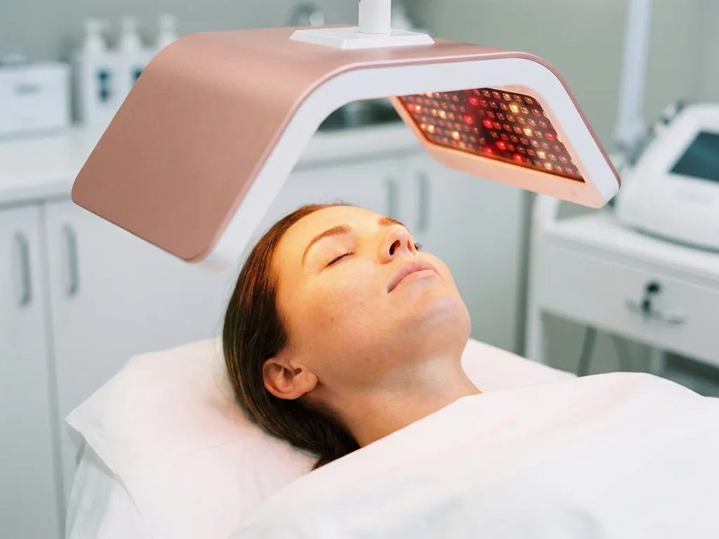 Vrouw ondergaat rood-lichttherapie met LED-paneel dat warm roosgoud en diepood licht uitstraalt op een behandelbed.