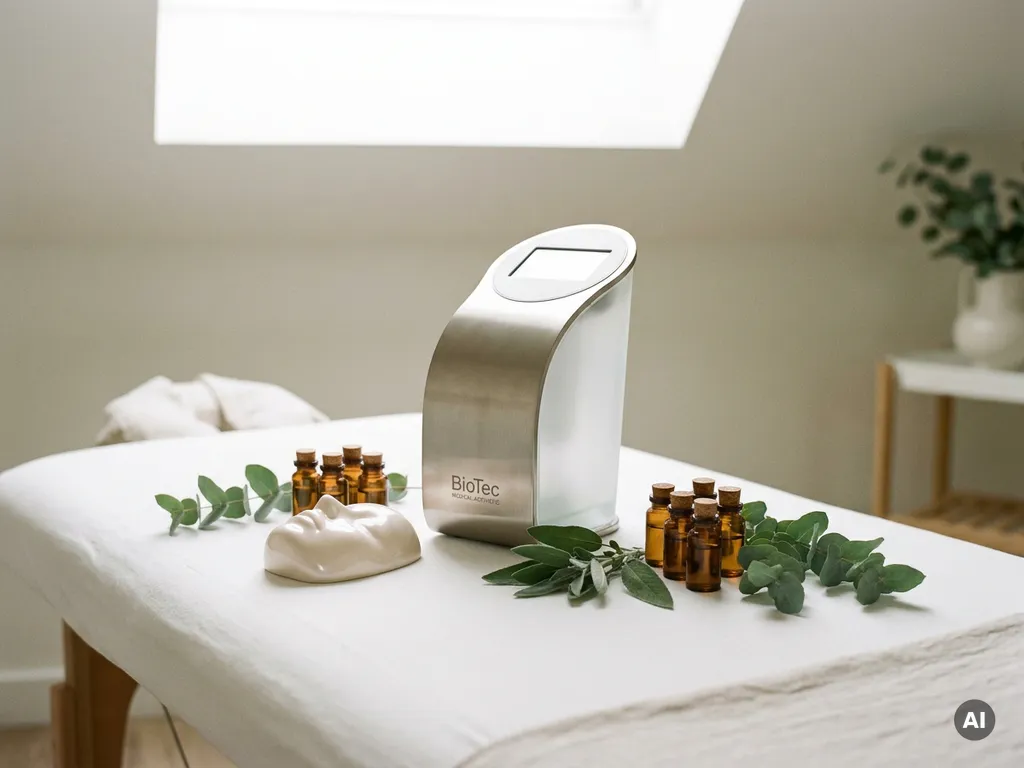 BioTec medisch esthetisch apparaat op witte behandeltafel met serumflacons, keramisch huidmodel en botanische bladeren.