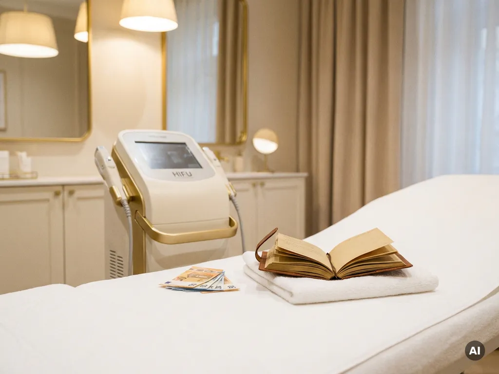 HIFU-apparaat op witte behandeltafel naast eurobiljetten en leren notitieboek in luxe esthetische kliniek.