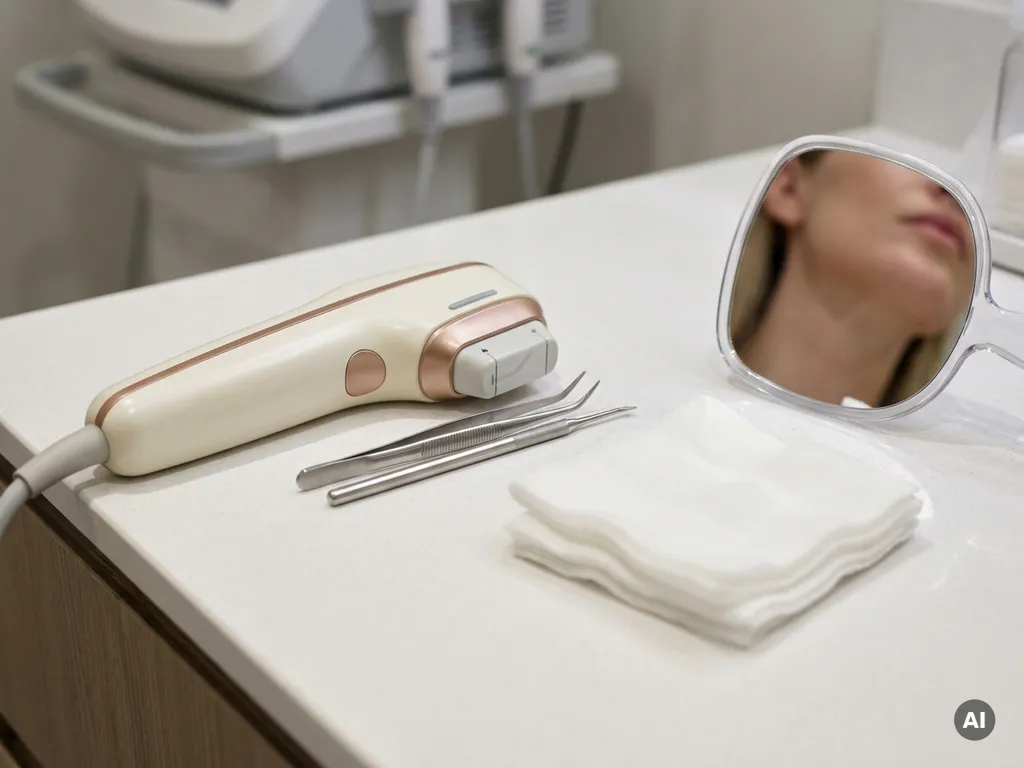 HIFU-handstuk en chirurgische instrumenten op witte klinische ondergrond met spiegel en steriel gaas in esthetische kliniek.