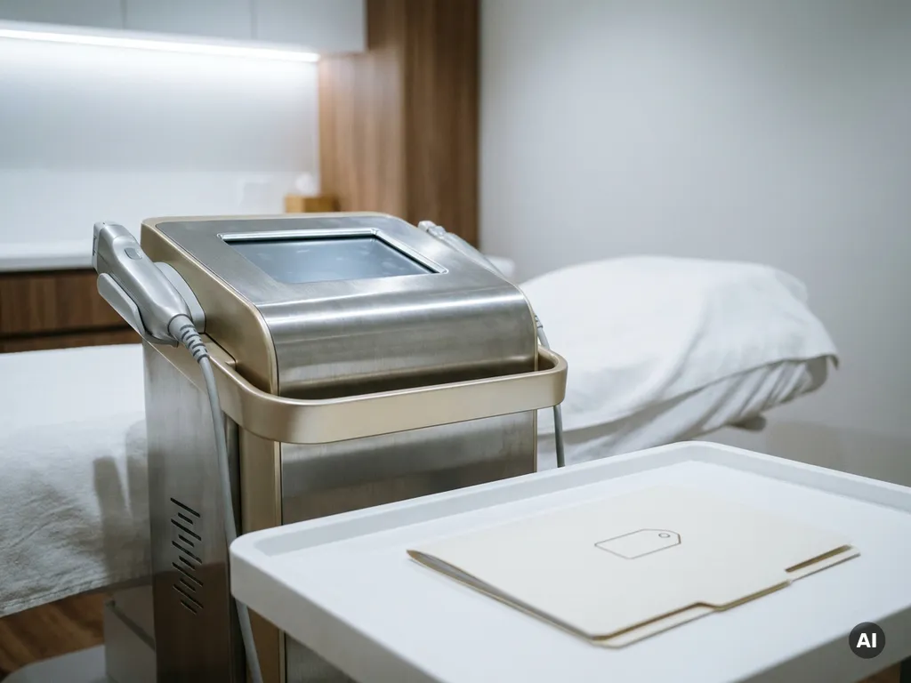 HIFU-apparaat op behandelbed in moderne esthetische kliniek met prijsmap op witte ondergrond.