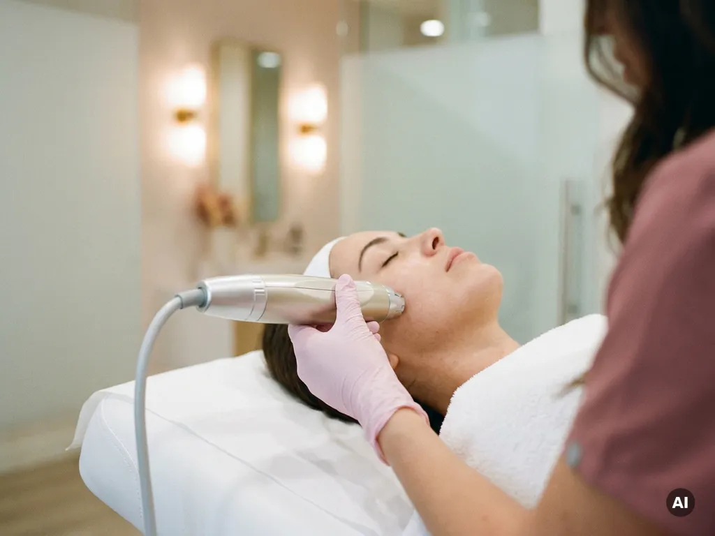 Behandelaar in handschoen positioneert medisch esthetisch apparaat bij de wang van een cliënt in een moderne huidkliniek.