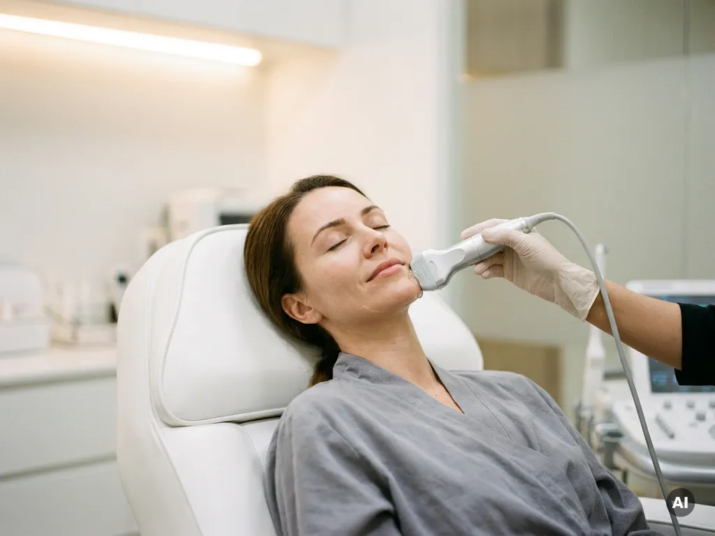 Vrouw ondergaat HIFU-behandeling met ultrasone handpiece langs kaaklijn in moderne kliniek.