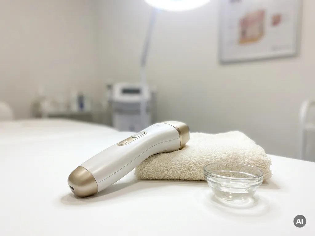 Ultrasound huidverstrakking handstuk op witte behandeltafel met gevouwen handdoek en kommetje serum, klinische medisch-esthetische sfeer.