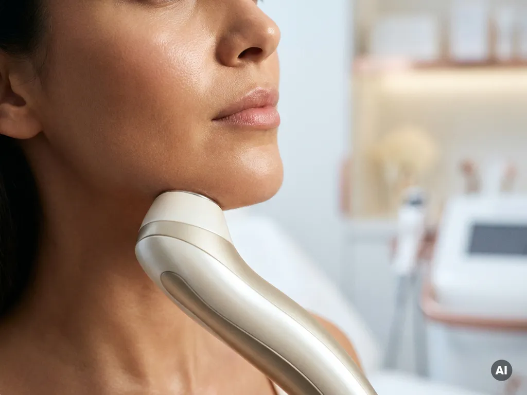 Handheld esthetisch apparaat langs de kaaklijn van een vrouw met een stralende huid, in een klinische witte behandelkamer.