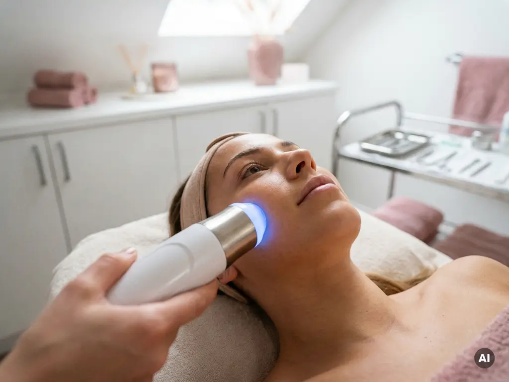 Handheld CFU-apparaat met blauw LED-licht op de wang van een vrouw tijdens cosmetische behandeling in klinische ruimte.