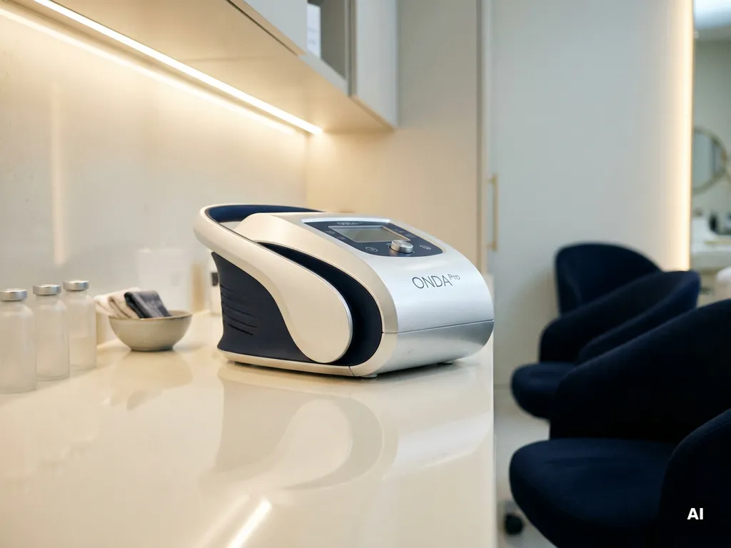 ONDA Pro lichaamsbehandelingsapparaat op wit klinisch oppervlak in een esthetische kliniek, verlicht met warme accentverlichting.