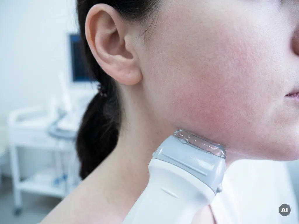 Ultrasound behandelhandstuk op de kaaklijin van een vrouw met lichte roodheid op de huid tijdens een klinische behandeling.